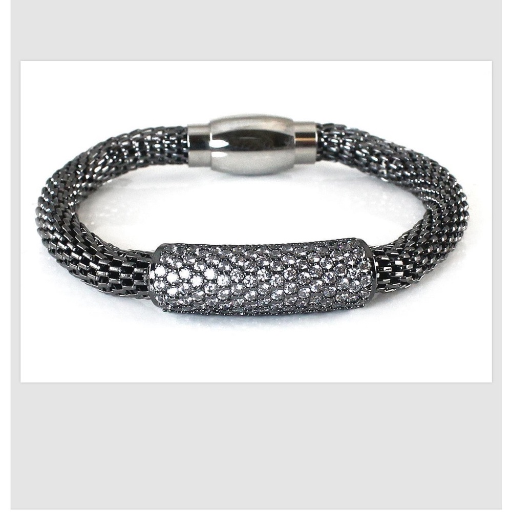 Magnetic Bracelet Pave Crystal Hematite Bar Mesh 7.5" Women Fashion Jewelry